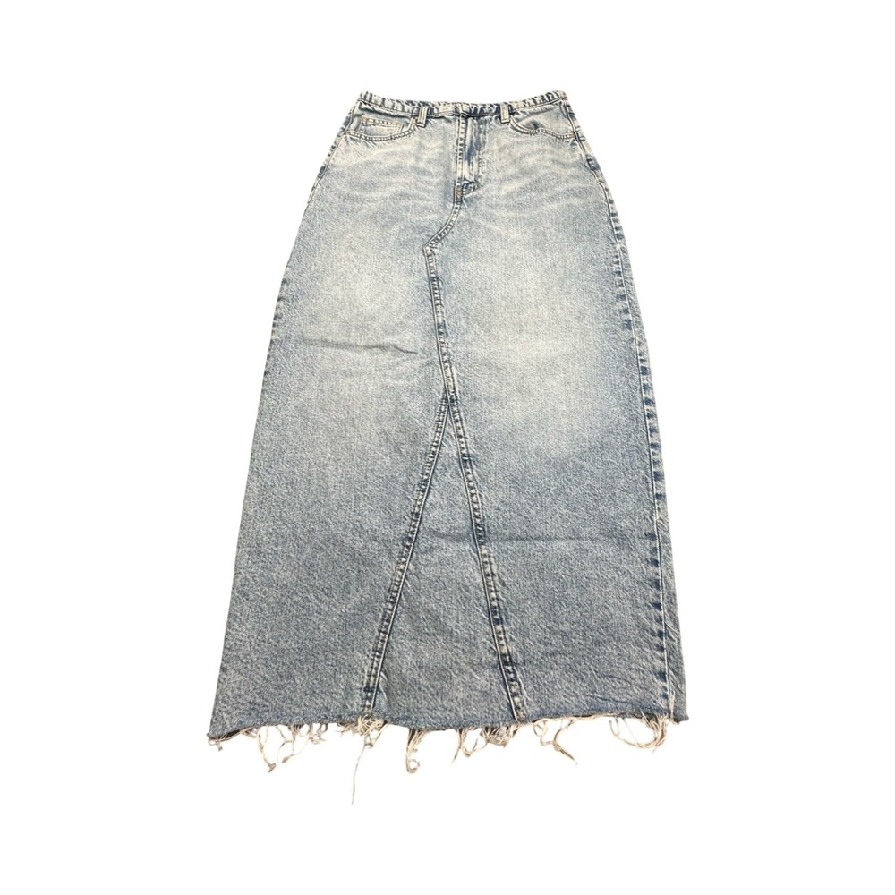 Cotton On Denim Maxi Skirt Women 4 Blue Acid Wash Frayed Hem High Rise Slit Back